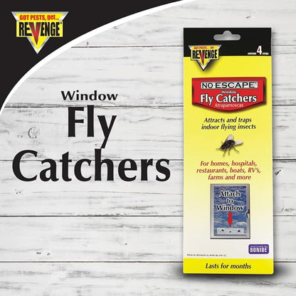 REVENGE No Escape Window Fly Catchers, Pack of 4 Non-Toxic Sticky Tape Strips for Indoor Use, Attract & Trap Insects