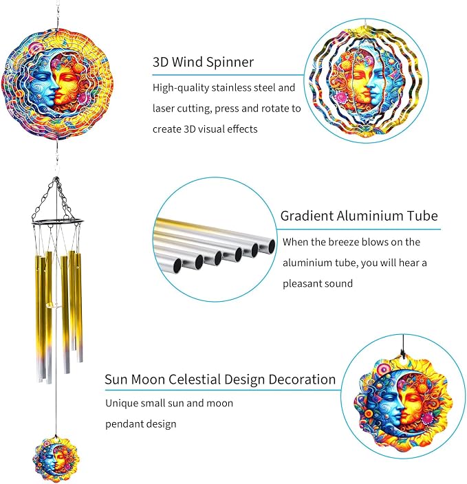 Celestial Sun Moon Wind Chime, Hanging Wind Spinner Gift for Women Mom, Stainless Steel Outdoor Garden Patio Porch Décor