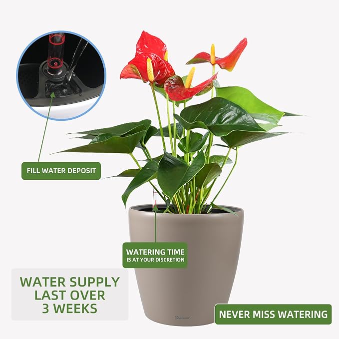 Dexceder 15x14 Self Watering Planter with Wheels (Taupe Matte) | Inner Pot Design, Thickened Large Floor Standing Flower Plant Pot with Water Level Indicator Indoor Outdoor
