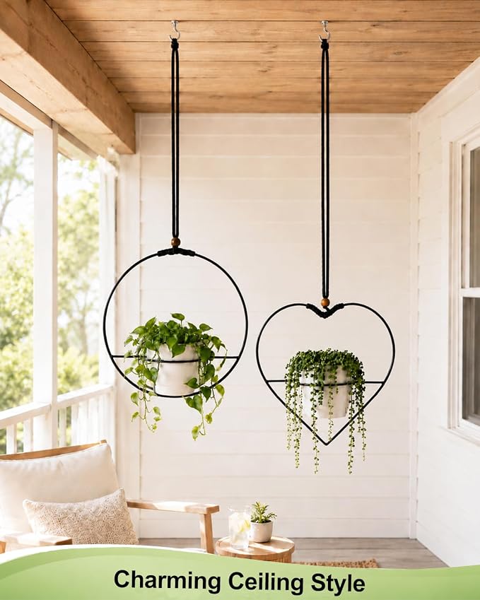 vensovo Decorative Hanging Planter Set of 2 – 1 Round & 1 Heart-Shaped Metal Frame Hanging Plant Holders with Braided Rope, Wooden Bead Accent & White Plastic Pots – Stylish Indoor Outdoor Decor