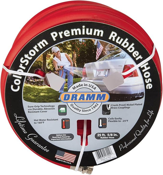 Dramm ColorStorm Premium Rubber Garden Hose – 50 ft Heavy Duty 5/8" Water Hose – Kink Resistant, Crush-Proof Nickel-Plated Couplings – Made in USA - Red