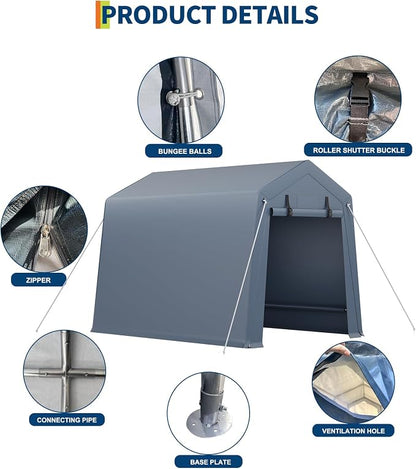 GarveeLife 6x8 FT Outdoor Storage Shed, Portable Carport with Roll-up Ventilated Zipper Door and Windows, Heavy Duty Waterproof Tarp, Storage Sheds for Motorcycle, Bike, Firewood, Garden Tools