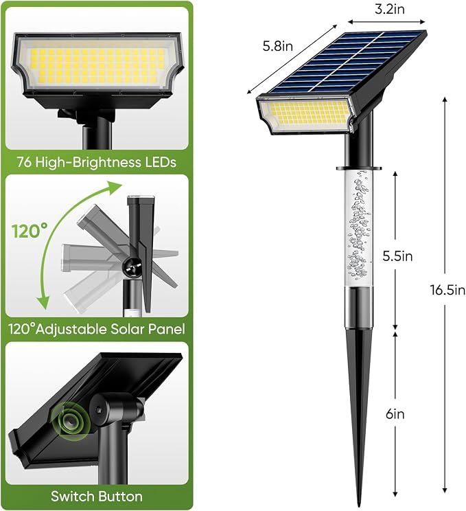 Solar Lights Outdoor Waterproof IP65, 76-LED Warm White Outdoor Solar Lights, Dual Lighting Solar Powered Spot Lights for Palm Tree, House Number, Outside Landscape Lighting- 1 Pack