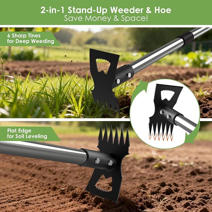 Weed Puller Tool with Long Handle, Stand Up Weeder with 63" Telescoping Handle, 2-in-1 Manual Weeder Remover & Garden Hoe, 6 Sharp Tines for Crack Weeding and Root Removal