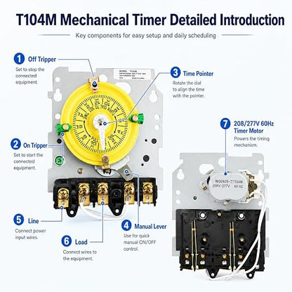 T104M Pool Timer Mechanism Only, 24-Hour Mechanical Timer Switch for Pump | 208-277V 40A 24 Hour 12 ON/Off Pool pump timer and mechanical pool timer for pumps and heaters