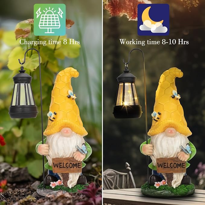 Solar Garden Gnome Statue with Lantern - Hand-Painted Resin Gnome Decor, IP44 Waterproof Outdoor Figurine for Yard Patio Porch, for Mom Women Housewarming Christmas