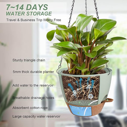 Vanslogreen Hanging Planters for Indoor Outdoor Plants, 2 Pack Self Watering Hanging Pot with Drainage Holes & Removable Tray (Green, 10'')