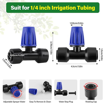 Kalolary 30Pcs Push-to-Fit Drip Irrigation Spray Emitters for 1/4" Tubing,Three-Way Adjustable Atomizing Nozzle Micro Irrigation Dripper Sprinklers with 6PCS End Plugs for Irrigation System(Blue)