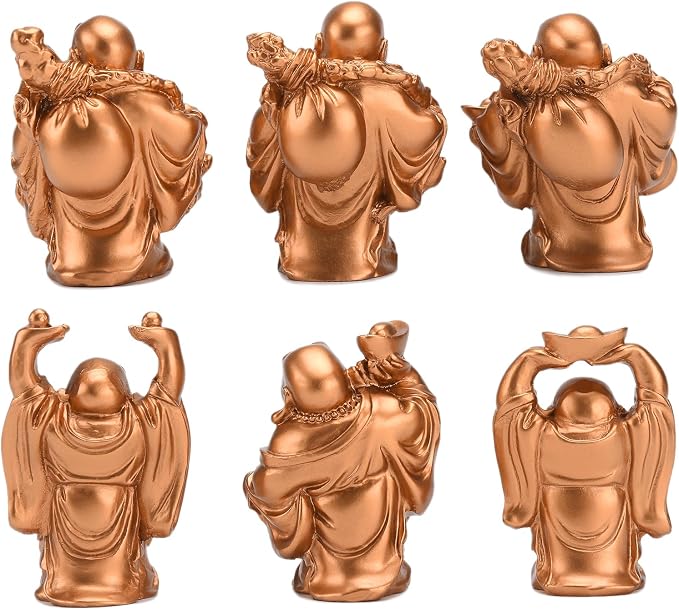 6Pcs 2.5'' Gold Resin Laughing Buddha Figurines, Tabletop Lucky Decor | Lucky Happy Maitreya Buddha Statue, Flower Pot Statue, Home Office Desk Decor, Fengshui Collection Gift Ornaments