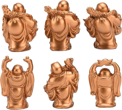 6Pcs 2.5'' Gold Resin Laughing Buddha Figurines, Tabletop Lucky Decor | Lucky Happy Maitreya Buddha Statue, Flower Pot Statue, Home Office Desk Decor, Fengshui Collection Gift Ornaments