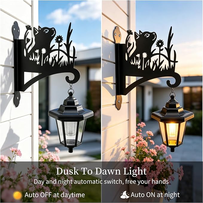 VOOKRY Solar Wall Lanterns Outdoor, Waterproof 2 Pack Hanging Lights with Cat Hooks, Wall Mount Sconce with 3 Solar Panels for Patio Porch Yard Garden Decor, Dusk to Dawn 2700K Warm White