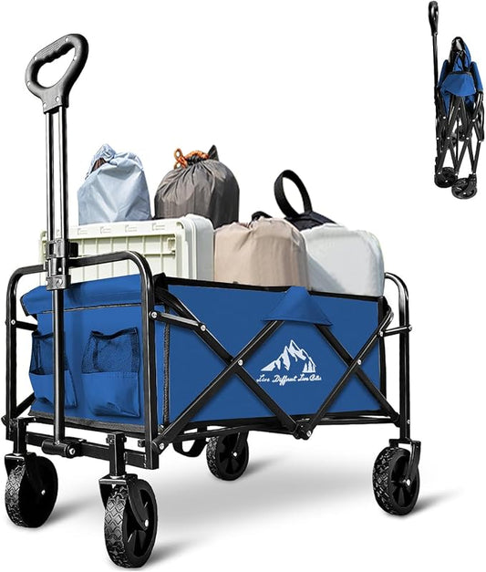Garden Cart Folding Wagon with Small Wheel, Collapsible Outdoor Wagon Cart Heavy Duty with Universal Wheels & Adjustable Handle, Utility Grocery Wagon for Camping Shopping, Sports - Navy Blue