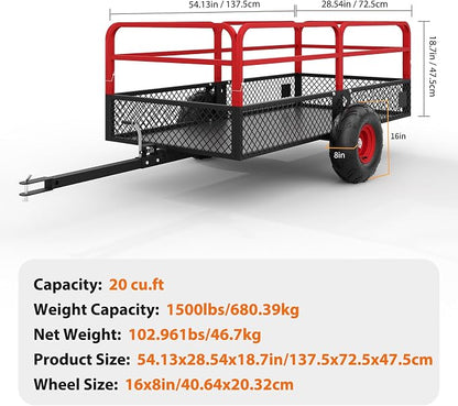 PeakPursuit Tow Behind Steel Dump Cart, Heavy Duty Yard Garden Trailer with Removable Sides & All Terrain Tires, Fits Lawn Mower, Tractor, Garden Cart, 1500 lbs 20 Cubic Feet, Red