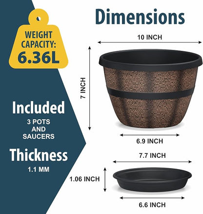 10-Inch Whiskey Barrel Planters Outdoor Pack of 3, Plastic Decoration Plant Pots for Indoor & Outdoor Use with Drainage & Saucer, Rustic Garden Planters for Flowers, Small Plants & Herbs