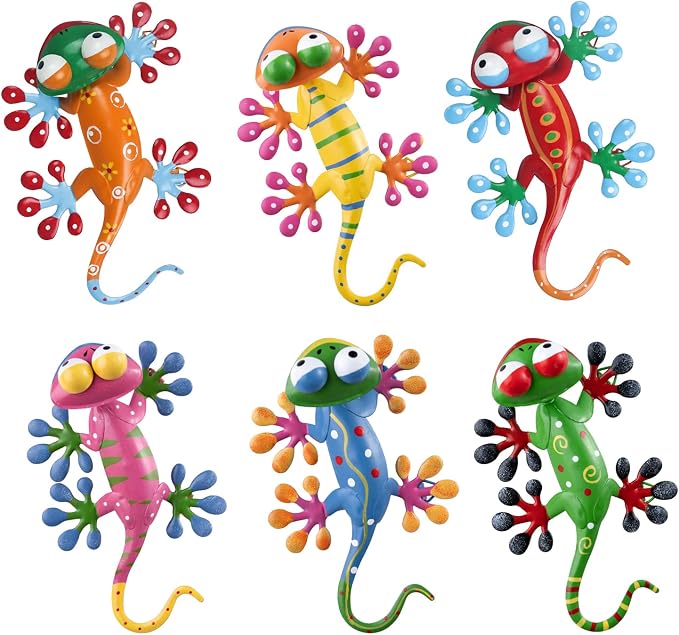 hogardeck Metal Gecko Outdoor Wall Decor, 6 Pack Lizard Wall Art Garden Sculptures & Statues with Free-Adjustable Head Outdoor Spring Decor for Front Yard Fence Patio