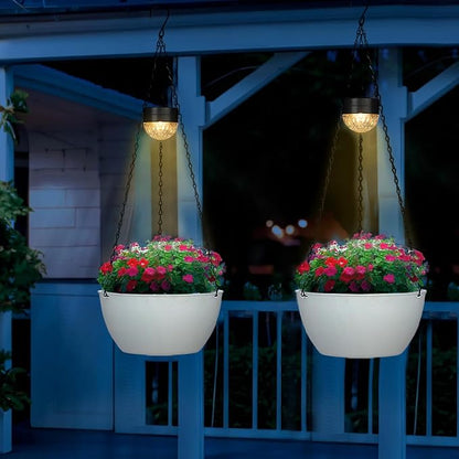 SUNNYPARK 2 Pack Solar Hanging Planters for Plants Outdoor | Self Watering, White Flower Pots with Solar Light, Hanging Garden Planters with Drainer for Balcony Patio Outdoor Decor