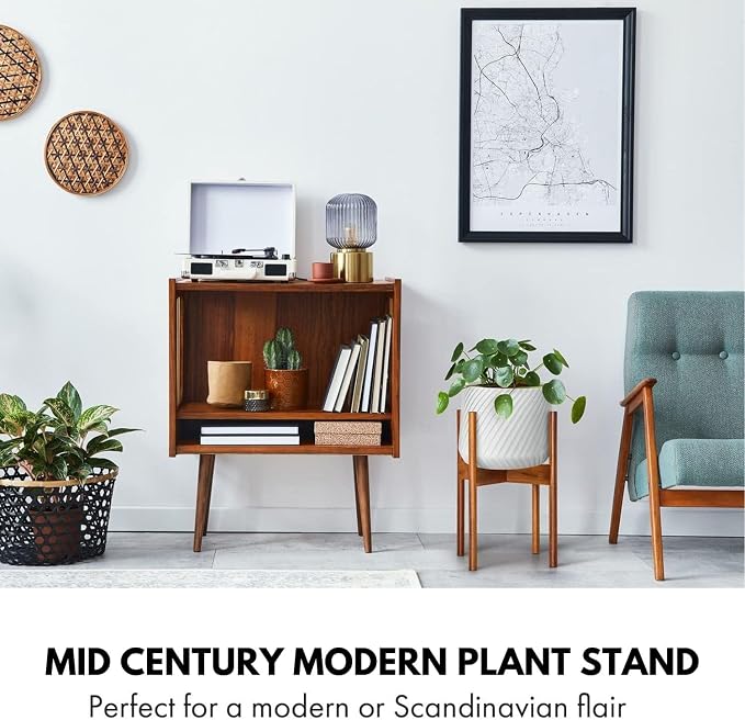 Fox & Fern Mid Century Plant Stand — 10 Inch Fixed Size Wooden Plant Stand for Indoor Planters (Not Included) - Raised Flower Pot Holder for Indoors - Plug In Design - Two Height Options - Acacia