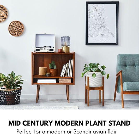 Fox & Fern Mid Century Plant Stand — 10 Inch Fixed Size Wooden Plant Stand for Indoor Planters (Not Included) - Raised Flower Pot Holder for Indoors - Plug In Design - Two Height Options - Acacia