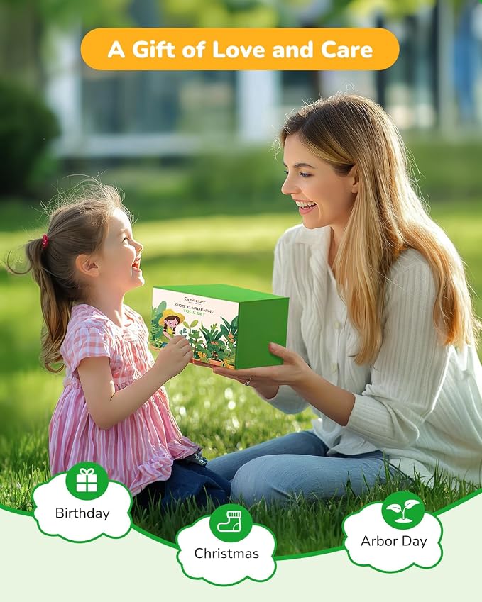 Grenebo Kids Gardening Set Toys,Includes Metal Trowel,Transplanting Shovel,Garden hat,Rake,Apron,Gloves,Watering Can,and Tool Organizer Bag (Lake Green)