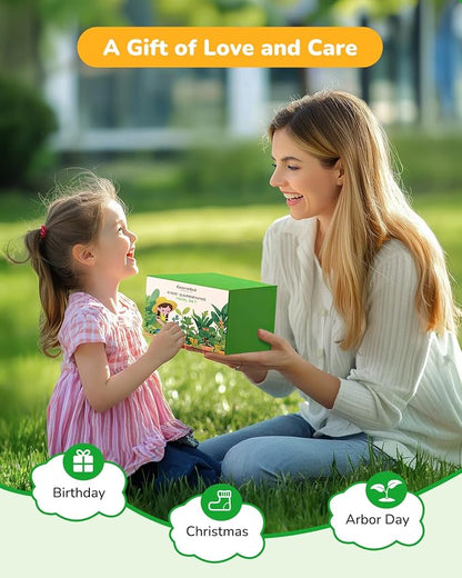 Grenebo Kids Gardening Set Toys,Includes Metal Trowel,Transplanting Shovel,Garden hat,Rake,Apron,Gloves,Watering Can,and Tool Organizer Bag (Lake Green)