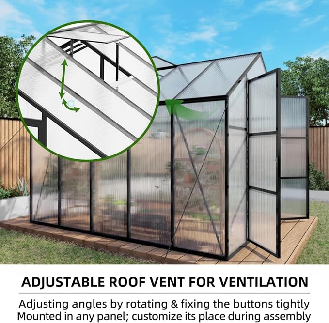 8x10 FT Greenhouse, Walk-in Outdoor Heavy Duty Polycarbonate Greenhouses with Aluminum Frame, High Headroom, UV Protection & Drainage System for Backyard All Season Growing, Black