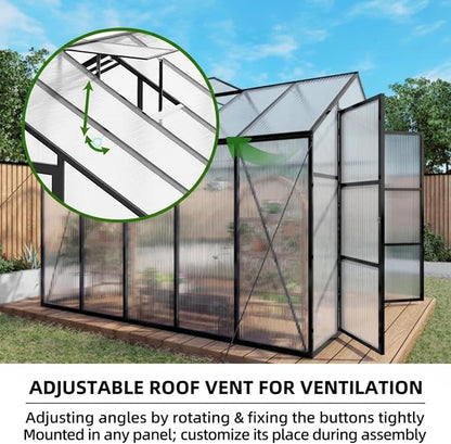 8x10 FT Greenhouse, Walk-in Outdoor Heavy Duty Polycarbonate Greenhouses with Aluminum Frame, High Headroom, UV Protection & Drainage System for Backyard All Season Growing, Black