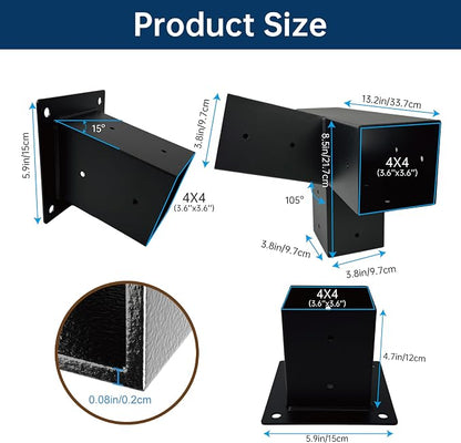 Pergola Bracket Kit 4x4, Including 1 Wall Base, 1 105 ° 4-Way and 1 Bases, 1 Set of Wall Mounted 15° Pitched Roof Mounting Kit for Extension, for Shading Facilities Attached to Walls or Eaves