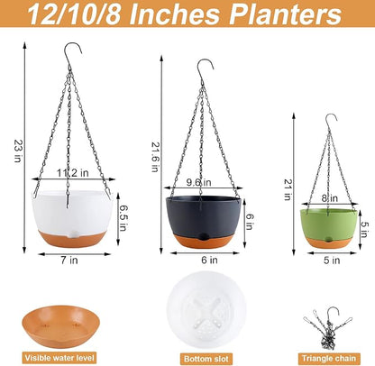 KPUVX 8/10/12 inch Hanging Planters for Indoor Outdoor Plants with Self-Watering Pots, 3 Pack Plastic Hanging Basket with Removable Tray for Home Garden Porch Balcony Patio Decor(White+Black+Green)