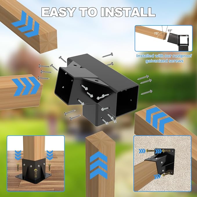 15° Lean Pergola Kit 4x4(Inner 3.64x3.64), 4-Way Slanted Pergola Roof Bracket, Post Base-Angled 4x4 Wood Post Bracket-DIY Gazebo Brackets-Hardware Kit for Outdoor Wood Beam Post Sunroom Carport Cabin