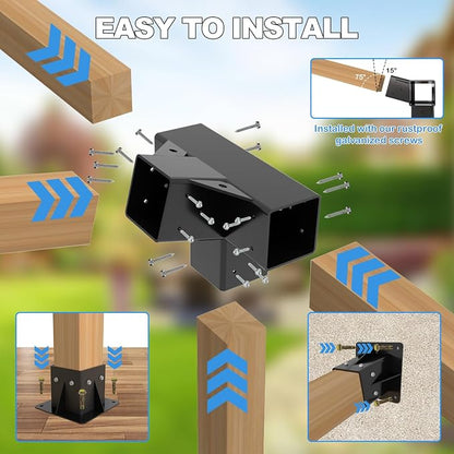 15° Lean Pergola Kit 4x4(Inner 3.64x3.64), 4-Way Slanted Pergola Roof Bracket, Post Base-Angled 4x4 Wood Post Bracket-DIY Gazebo Brackets-Hardware Kit for Outdoor Wood Beam Post Sunroom Carport Cabin