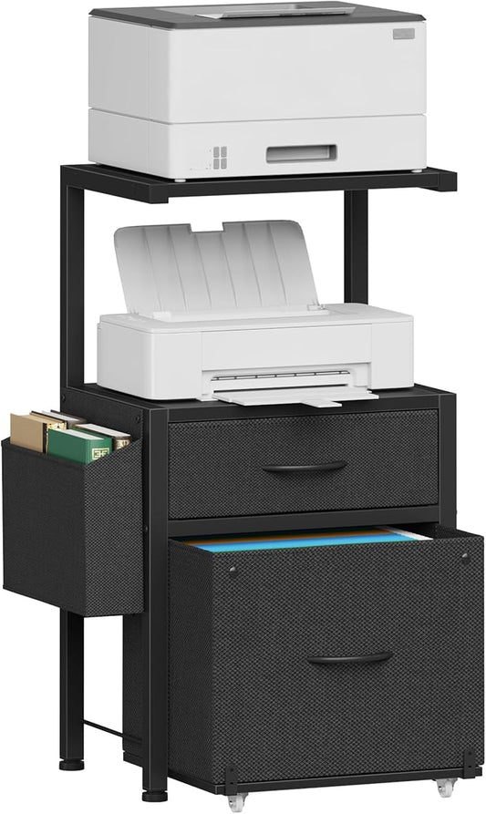 HIGDBFE 2-Drawer File Cabinet with Printer Stand & Dual Shelves, Black | 2-Tier Printer Storage, Letter File Drawer, Reversible Side Bag, Smooth Drawer Slides, Rolling Support Board
