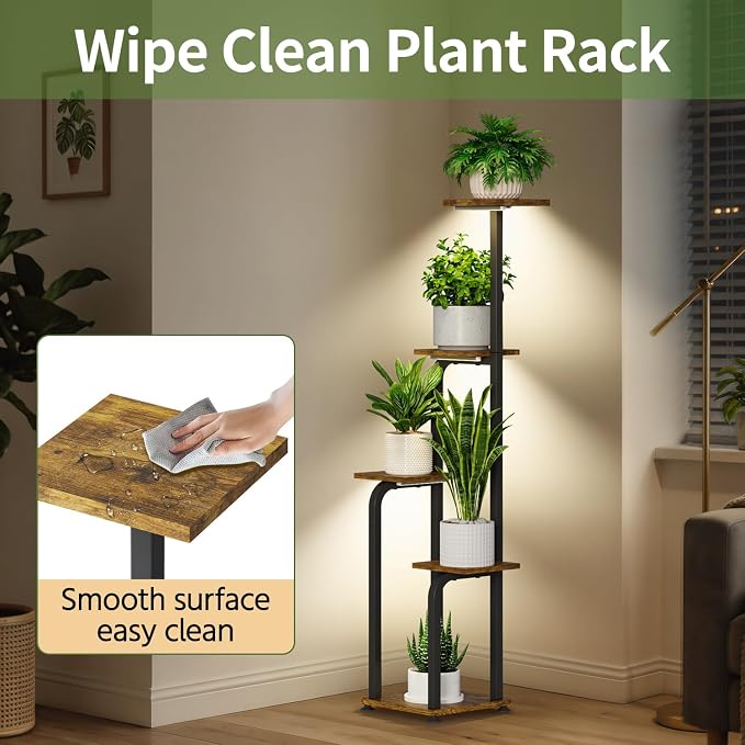 LASZOLA 5 Tiered Plant Stand Tall for Indoor Corner with Grow Lights, Modern Multiple Flower Display Rack with Wooden Tray, Vertical Planter Shelf for Living Room Bedroom Patio Garden Balcony, Black