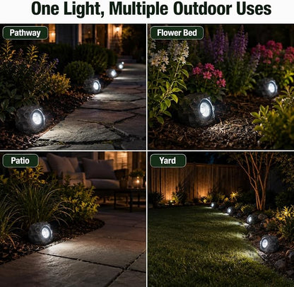 Solar Rock Lights Outdoor – 4 Pack Waterproof LED Landscape Garden Spotlights, Realistic Stone Design, Wireless Solar Powered Pathway Lights for Yard, Walkway, Patio & Lawn Decoration (Auto On/Off)