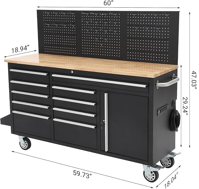61" Rolling Tool Chest Workbench with 10-Drawers & Solid Rubber Wood Top, Mobile Heavy Duty Tool Storage Cabinet with Lock, Casters, Drawer Liner & 1675 LBS Load Capacity, Includes Power Strip