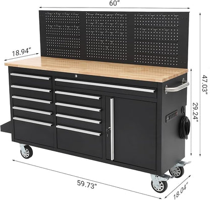 61" Rolling Tool Chest Workbench with 10-Drawers & Solid Rubber Wood Top, Mobile Heavy Duty Tool Storage Cabinet with Lock, Casters, Drawer Liner & 1675 LBS Load Capacity, Includes Power Strip