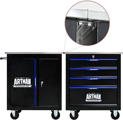 4-Drawer Rolling Tool Chest, Lockable Stainless Top for Garage, Black&Blue | Heavy Duty Modular Roll Around Tool Cabinet with Drawers for Workshop and Tool Box Storage