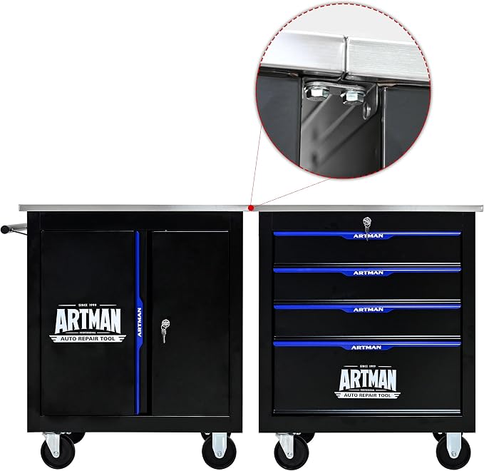 Heavy Duty Rolling Tool Chest,Lockable Stainless Top for Garage,Black&Blue | Mobile Workbench with Adjustable Shelf, Roll Around Tool Cabinet for Workshops and Auto Repair
