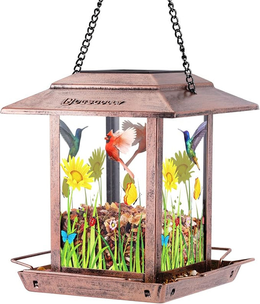 DesGully Solar Bird Feeders for Outdoors - 2.5 LBs Metal Wild Large & Small Bird Feeder for Outside Hanging, Gift Ideas for Avian Enthusiast Garden Yard Seeds (Chew-Proof, Weather Resistance)