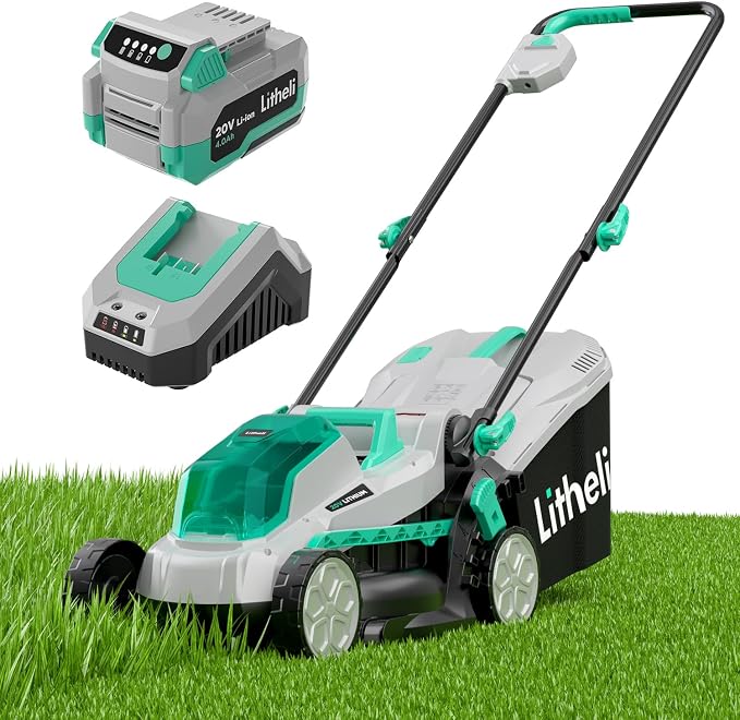 Litheli Cordless 13 Inch Cordless Lawn Mower 5 Heights 20V Electric Push Brushless Lawnmower for Garden, Yard, 4.0Ah Battery & Charger Included
