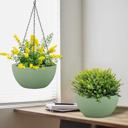 Meowell 8 inch Small Hanging Planters Plant Pots for Indoor Outdoor Plants, 2 Pack Hanging Flower Pots with Drainage Holes and Chain for Garden Porch, Plastic Hanging Baskets for House Plants, Green