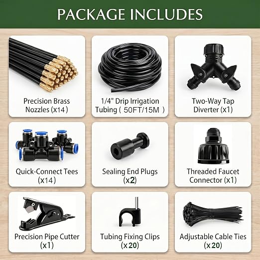 2026-Upgrade 100Ft 1/4" Drip Irrigation System,Garden Watering Kit with 20Pcs 360° Adjustable Copper Nozzles,Automatic Atomizing Sprinkler,DIY for Outdoor,Lawn,Greenhouse,Raised Beds (50FT/14pcs)