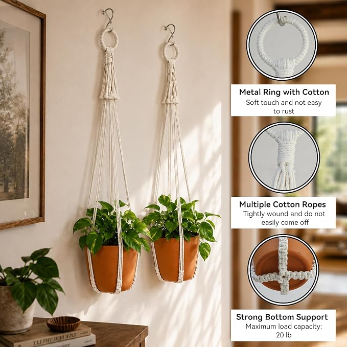 Artilady Macrame Hanging Planters Indoor Plant Hanger, Ivory White | Large, Boho Style, No Tassels, Window Balcony Outdoor Wall Decor