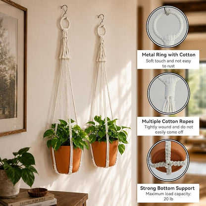 Artilady Macrame Hanging Planters Indoor Plant Hanger, Ivory White | Large, Boho Style, No Tassels, Window Balcony Outdoor Wall Decor