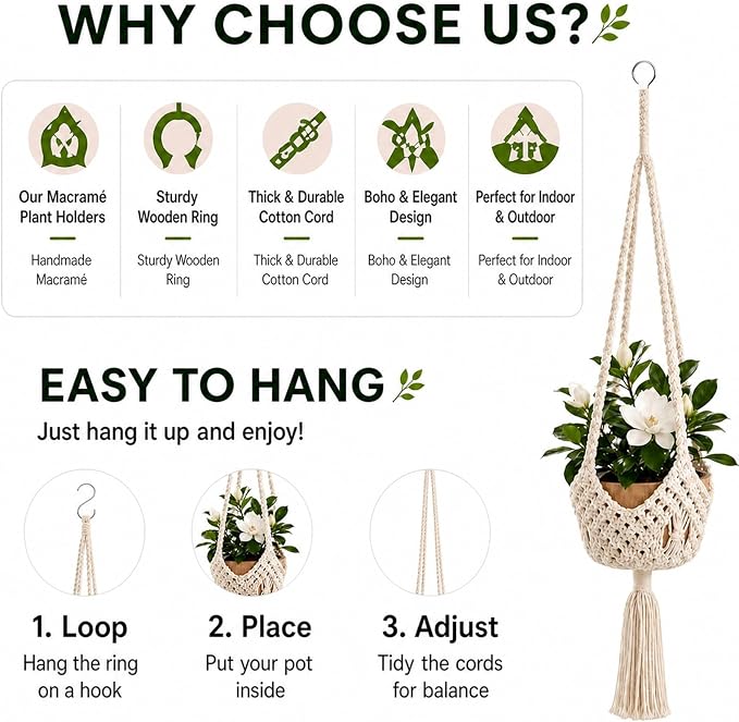 Shappy 1 Pack Boho Macrame Plant Hanger, Large Hanging Planter Plant Holder Pot Hanger Hanging Basket Wall Planters, Plants Lover Gift for Indoor Garden (Spiral Knot,White)