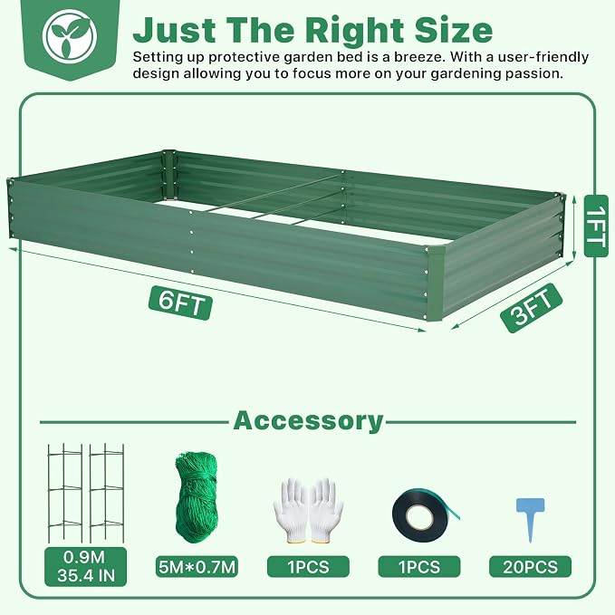ONCEMORE Galvanized Raised Garden Bed for Vegetables Flowers Herbs, Metal Raised Garden Bed Kit with 2 PCS Tomato Cage, Gloves, Trellis Netting, Plant Labels, Plant Ties, Green 6×3×1FT