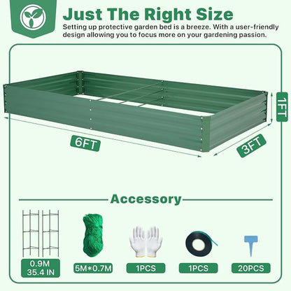 ONCEMORE Galvanized Raised Garden Bed for Vegetables Flowers Herbs, Metal Raised Garden Bed Kit with 2 PCS Tomato Cage, Gloves, Trellis Netting, Plant Labels, Plant Ties, Green 6×3×1FT