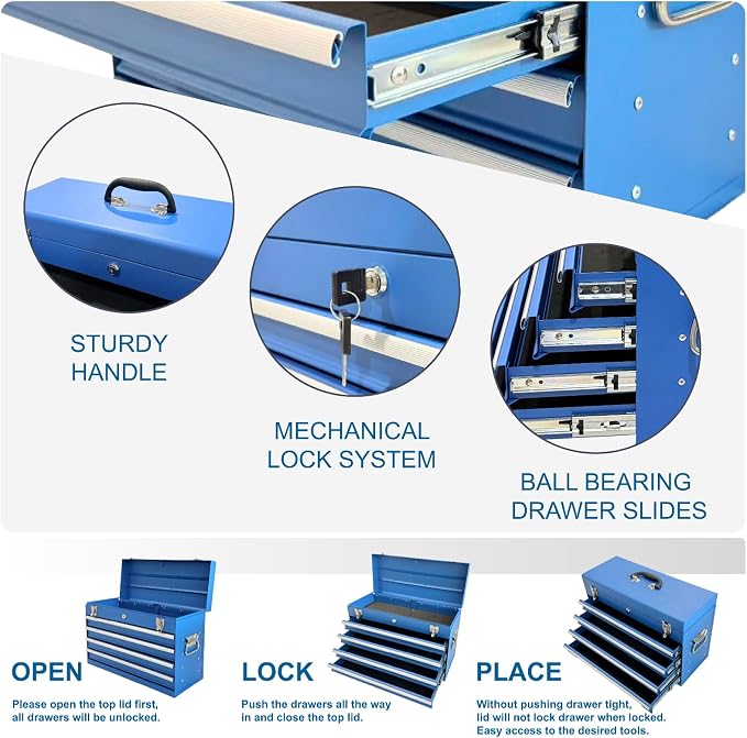 4 Drawers Metal Tool Box, 21'' Portable Metal Tool Box with EVA Liners & Auto-Locking Mechanism, Heavy Duty Steel Tool Chest with Ball-Bearing Drawer Slides & Convenient Top Handle, Blue