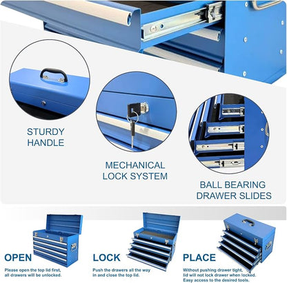 4 Drawers Metal Tool Box, 21'' Portable Metal Tool Box with EVA Liners & Auto-Locking Mechanism, Heavy Duty Steel Tool Chest with Ball-Bearing Drawer Slides & Convenient Top Handle, Blue