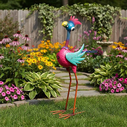 Metal Rooster Statue Outdoor Garden Decor,19" Wacky Rooster Decor Yard Statue Decorations Outdoor,Funny Chicken Sculpture for Patio, Lawn, Backyard (Pink)