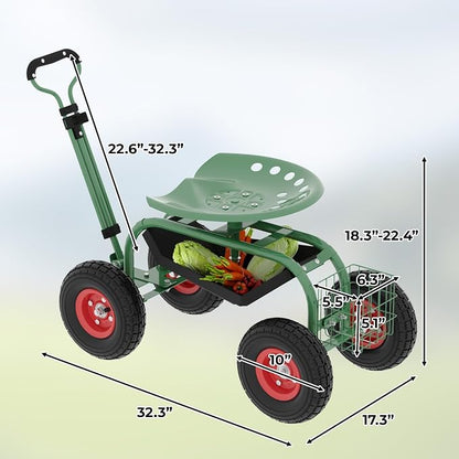 Garden Scooter Rolling Work Seat – 360° Swivel Garden Cart with Wheels, Tool Tray & Steering Handle – Heavy Duty Outdoor Stool for Planting, Weeding & Yard Work